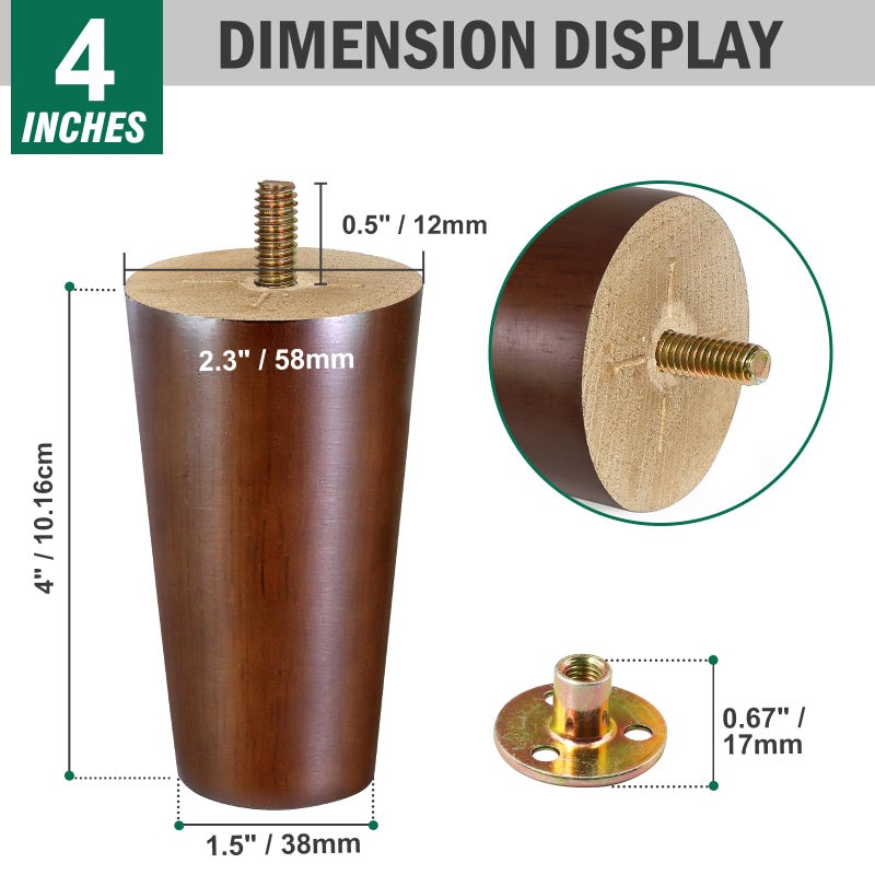 FoDau770 Brown Rubber Wood Furniture Legs 4 Inches, Straight Tapered Wood Legs Mid Century Sofa Legs Set of 8, 5/16"" UNC Furniture Feet Replacement Legs for Sofa Couch Dresser Chair Ottoman - Image 3